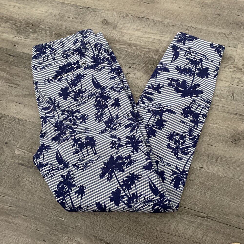 VINEYARD VINES Womens 4 Blue Tropical Island Striped Skinny Chino Pant Palm Tree